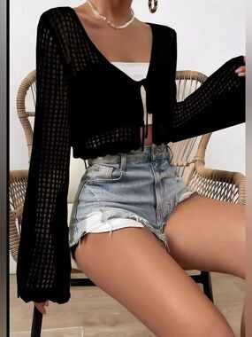 Crochet Tie-Front Bell Sleeves Crop Cardigan - Black New Boutique